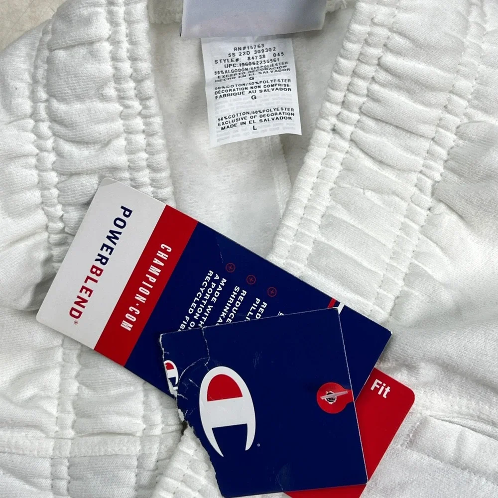 Champion Powerblend Mens White Fleece Shorts Logo 84738 045 Size L NWT